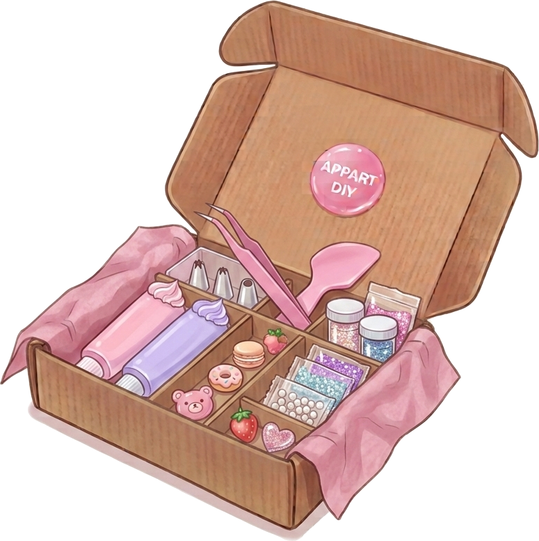Boîte du kit decoden ouverte, colle crème, charms et perles