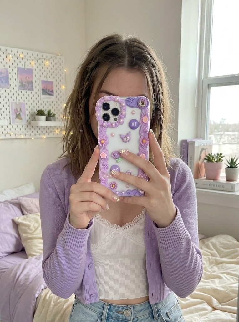 Jeune femme tenant une coque DIY App'art dans un miroir